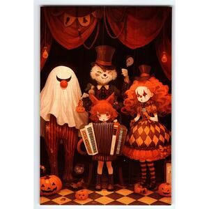 Vintage Halloween Photochrome Postcard with Spooky Characters & Accordion